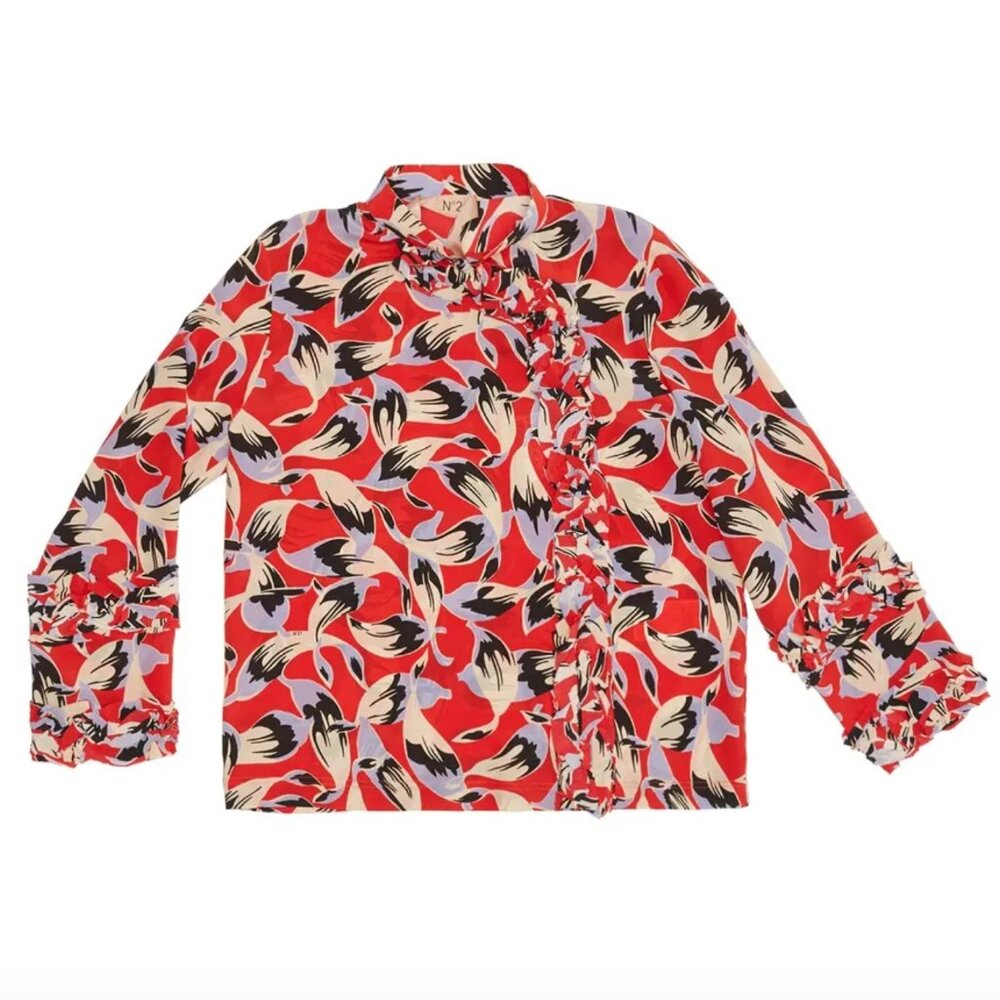 No. 21 - Silk Blouse Floral Print Raw Edge Frilly Long Sleeve Shirt 60s-inspired